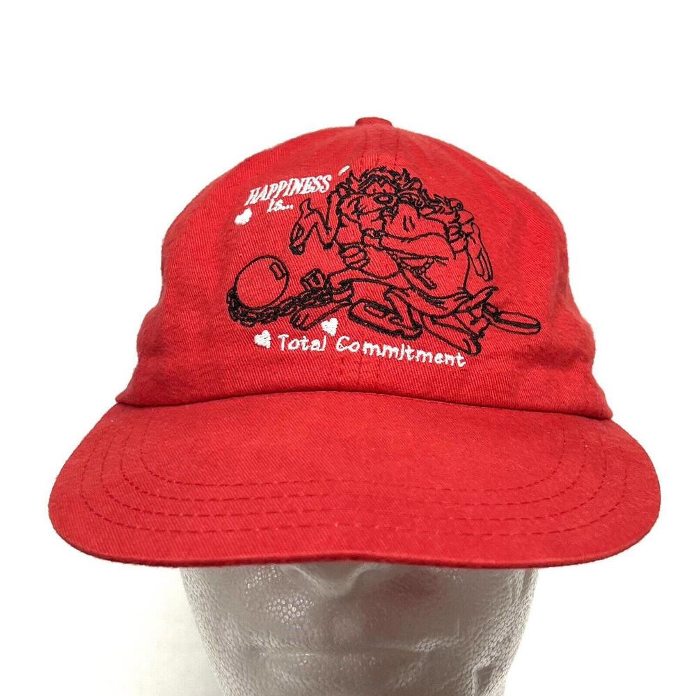 VTG Taz Hat Happiness Is Total Commitment Red 90s Love Broken Brim ACME Clothing